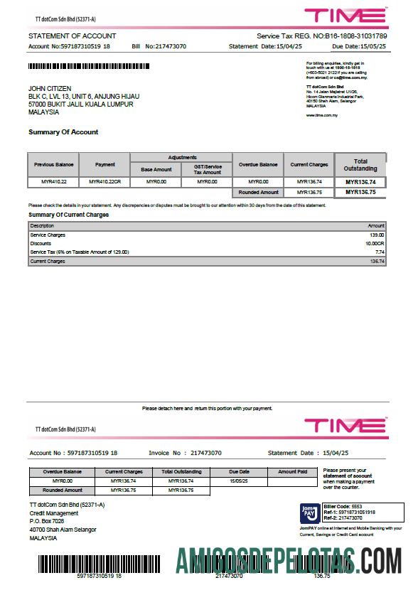 imprimível Modelo de fatura de serviços públicos de horário da Malásia em formatos Word e PDF